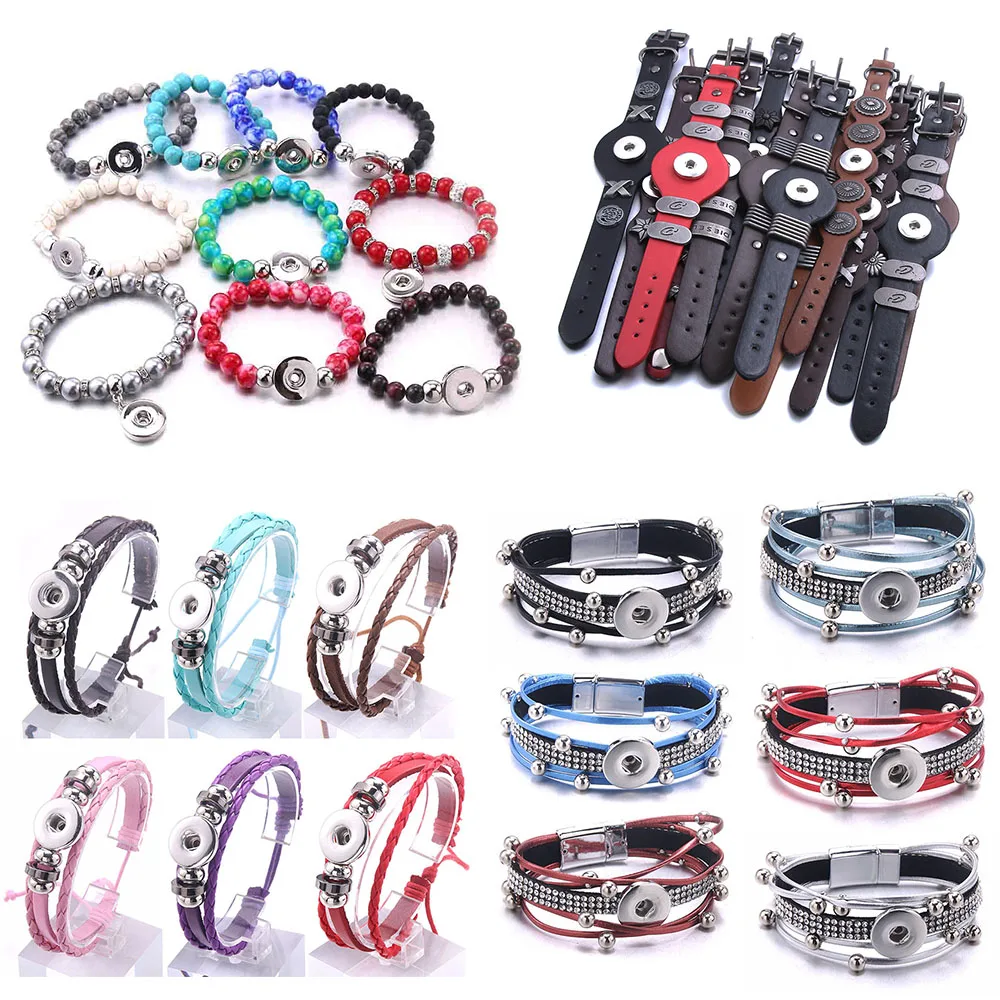 

10pcs/lot New Snap Jewelry Bracelets 10mm Beads Leather 18mm Snap Button Bracelet Handmade Elastic Snap Bracelet for Women