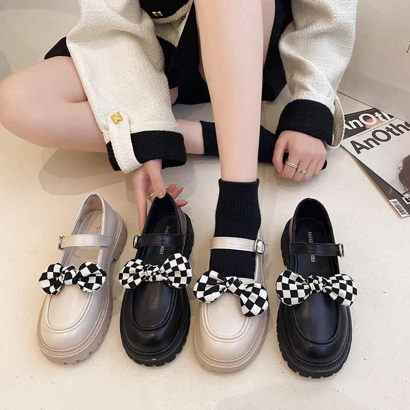 

Women Flat Platform Shoes Checkerboard Pattern Ribbon Decorative Mary Jane Shoe for Spring chaussure femme Women's Lolita Shoes