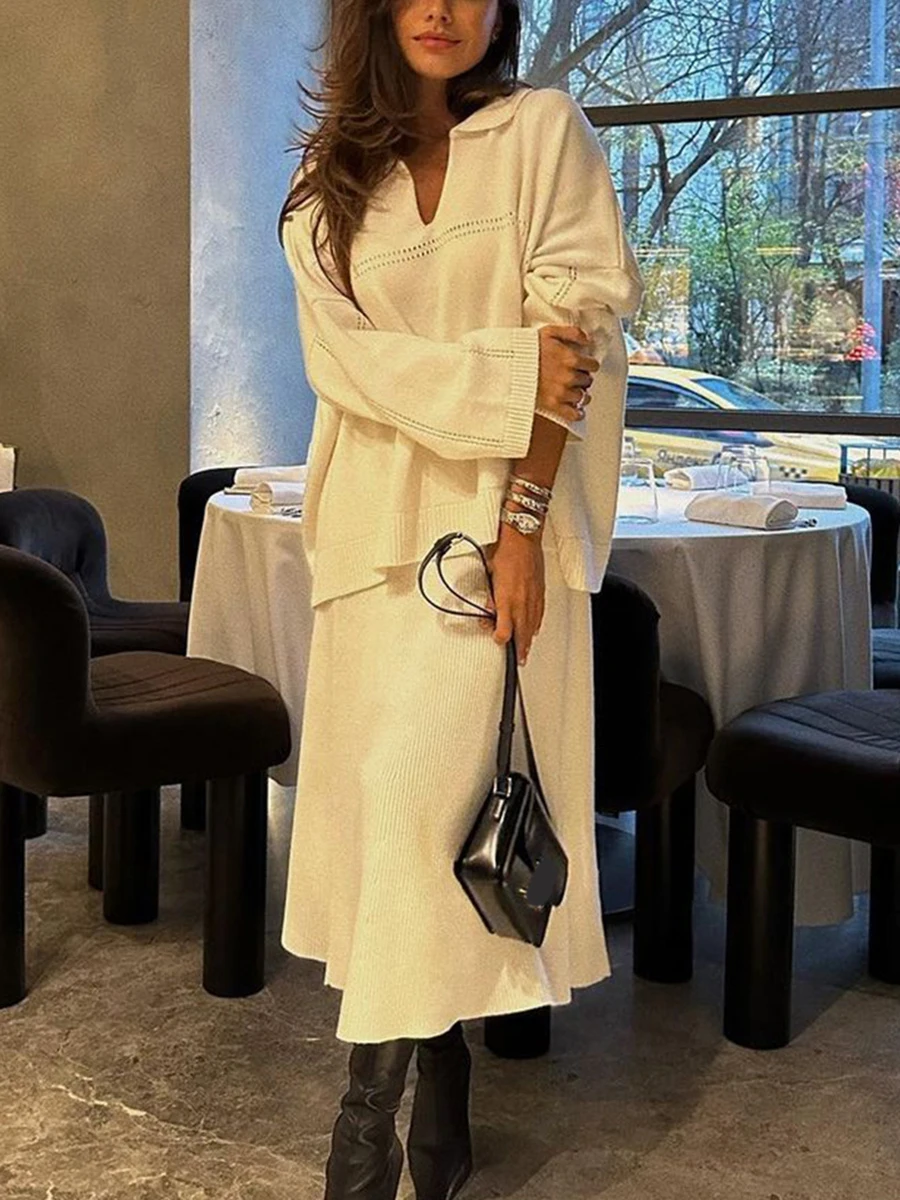 CHICEVER однотонный вязаный комплект из двух предметов для женщин топы с v-образным