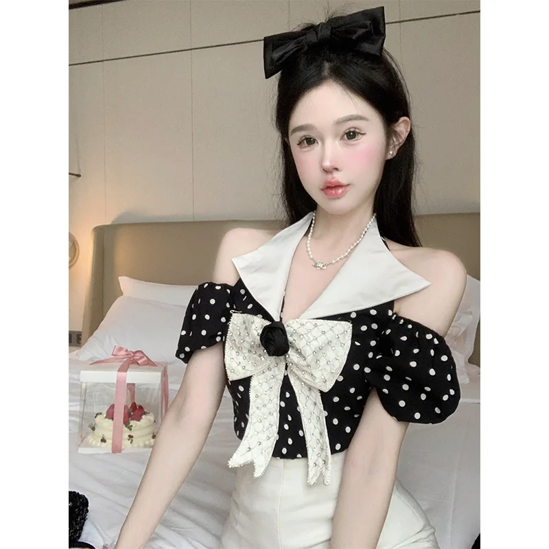 

Japanese Contrast Bow Vintage Chiffon Top Puff Sleeved Off Shoulder Polka Dot Vintage Halter Shirt Fashion All Match Tank Top