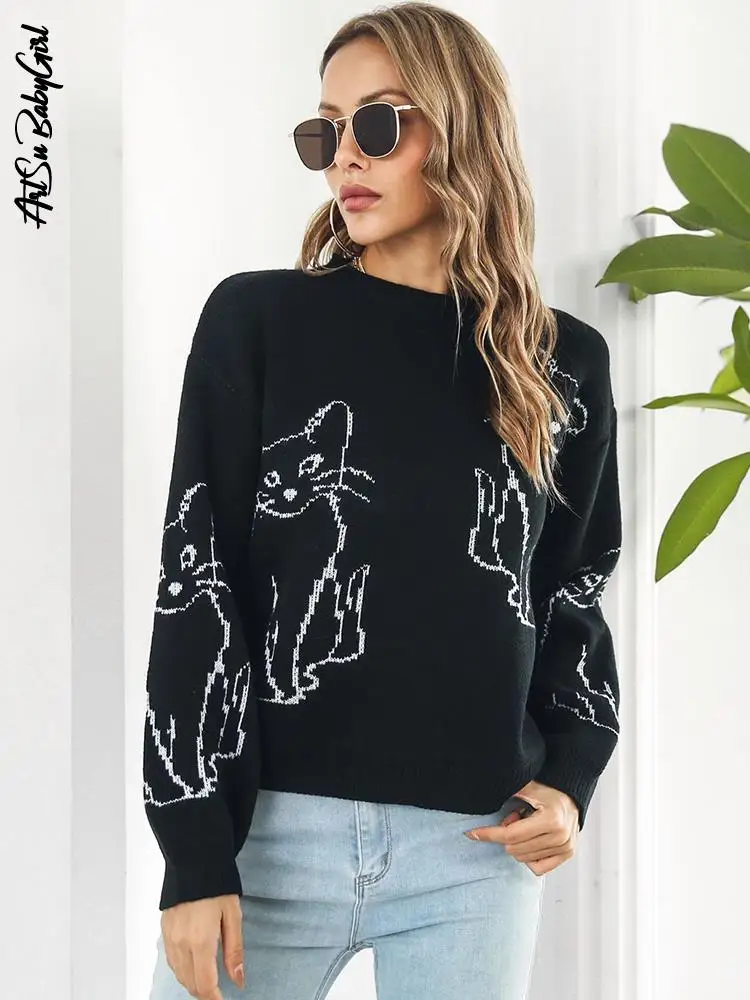 

Women's Sweater Cat Print Oversize Jumper Warm Winter Clothes 2022 Streetwear Black Sweater Long Sleeve Tops Knitted Pullover