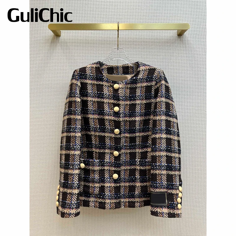 

Женская твидовая куртка в клетку GuliChic, яркая шерстяная куртка контрастных цветов с длинным рукавом, 1,9