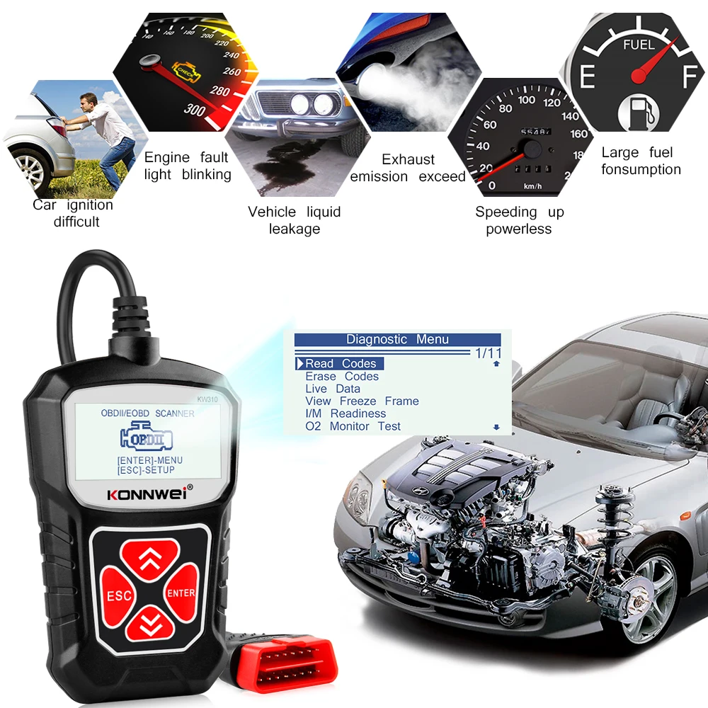 Фото KONNWEI KW310 OBD2 Автомобильный диагностический сканер Автомобильный считыватель кодов неисправностей Проверка лампы двигателя Сброс сервисных данных в прямом эфире Русский №3