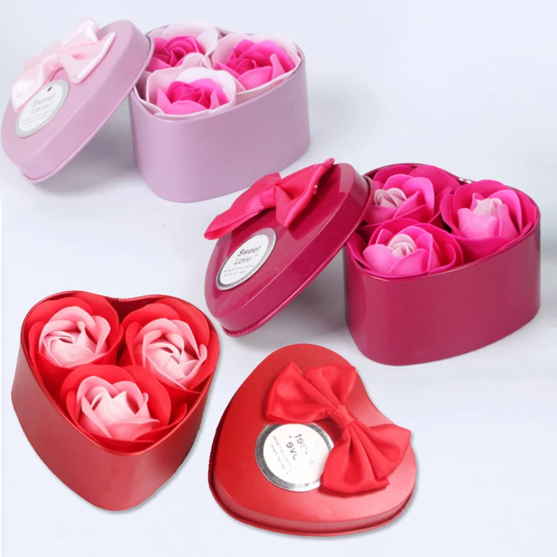 

1Pcs Bow Heart-shaped Iron Box with 3 Rose Flower Shaped Soap for Wedding Valentine's Day Party Girls Guest's Favorite Gift Box