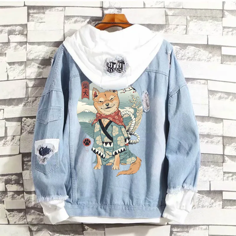 

Новая женская джинсовая куртка с имитацией двух искусственных укиё-э самурая Сиба-ину Корейский Японский мультяшный тренд Аниме Толстовка Повседневная куртка