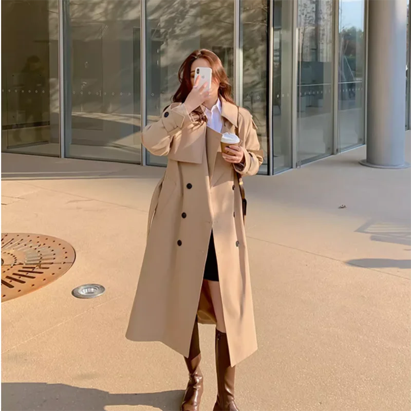 

Женская Повседневная Шикарная ветровка с длинным поясом, двубортный тренчкот, верхняя одежда для весны и осени, новая мода, 2023