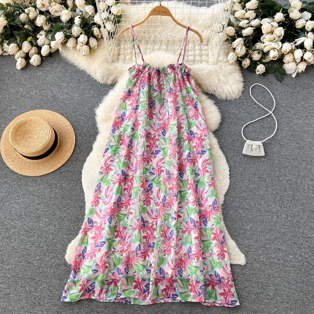 

Dress Women Strap Holiday Floral Print Sundress Ladie Fashion Pocket Chiffon Midi Dress