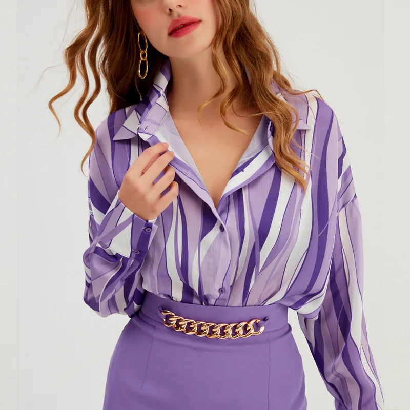Women Vertical Stripe Blouses Fashion Lapel Single Breasted Long Sleeve Shirt Spring Leisure Loose Personality Street Tops2023