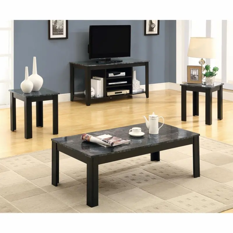 

Black 3 Piece Coffee Table Set with Gray Faux Marble Top