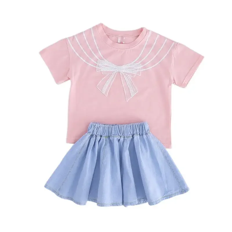 Модный Комплект Детской Одежды Для Девочек — Рубашка С Бантом И Джинсовая Юбка