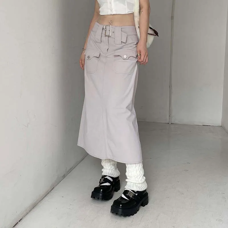 

Gaono Preppy Vintage Cargo Long Skirt With Sashes Harajuku Grunge Low Waist Split Skirt Pockets Y2K Aesthetic Retro Bottoms