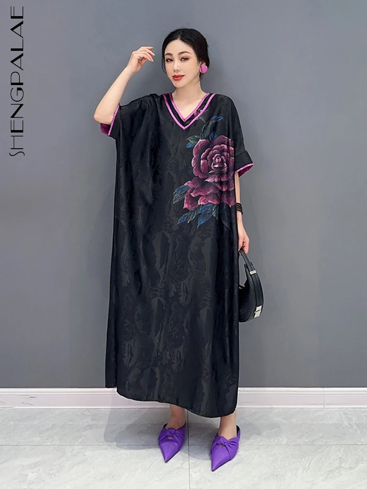SHENGPALAE Korean Fashion Floral Printed Dress For Women V-neck Half Sleeve Versatile Loose Waist Robe Summer 2023 New 5R4092