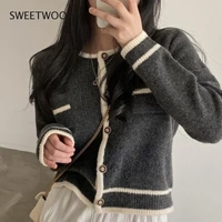 sweater cardigan autumn french vintage contrast color round neck loose womens sweaters fashion slim high street tide chic 2022