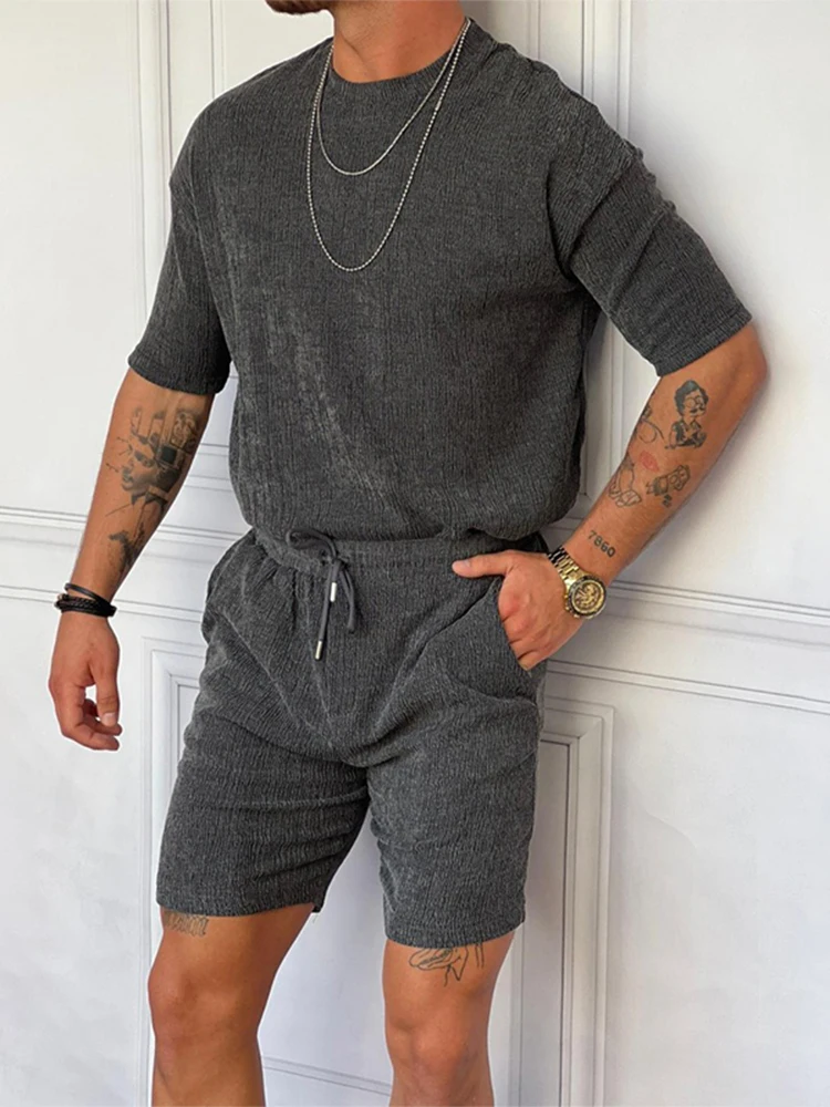 

Summer Fashion Mens Solid Color Suits Short Sleeve O Neck Tees And Drawstring Shorts Outfits Casual Clothing Men Two Piece Sets