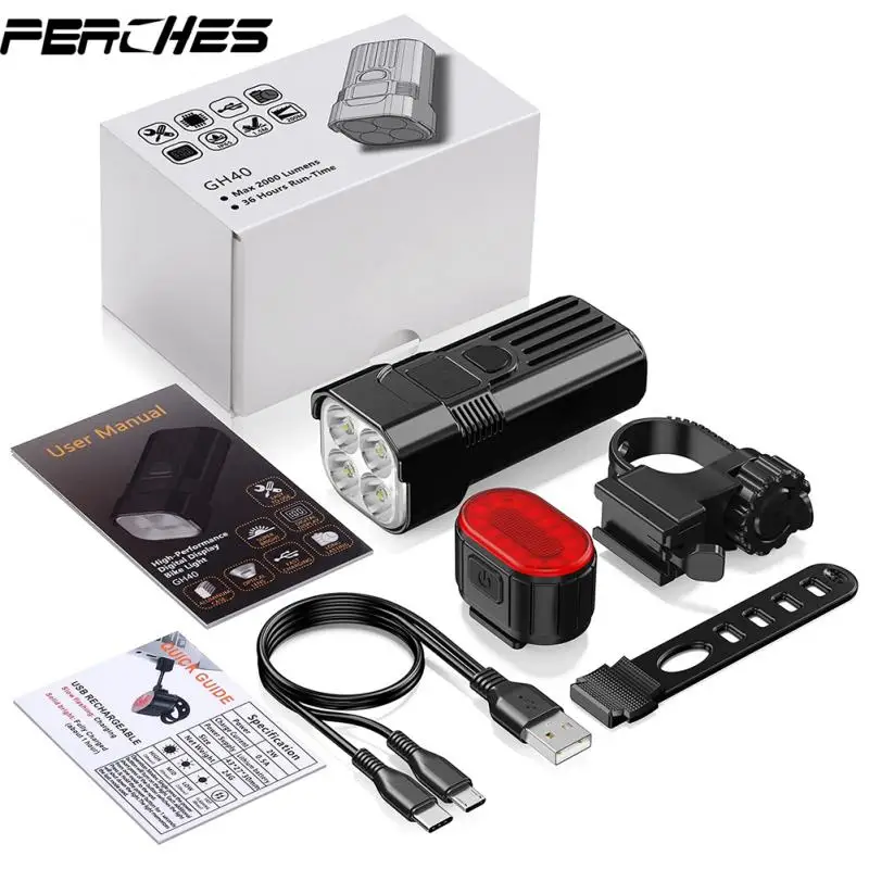 

Bicycle Light Head Light Tail Light Combination Warning Light Helmet Light Flashlight TYPE-C Charging 2000LM Riding Accessories