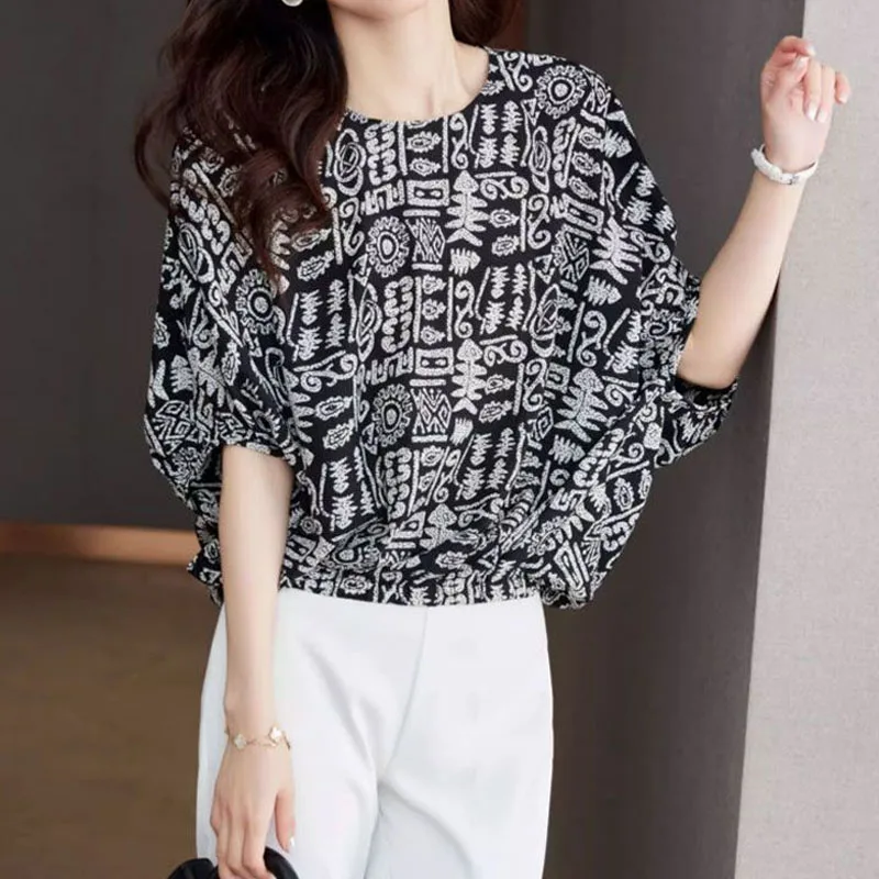 

Women's Clothing Vintage Casual Batwing Sleeve Printed Shirt Summer New Korean Loose All-match Round Neck T-shirt for Female