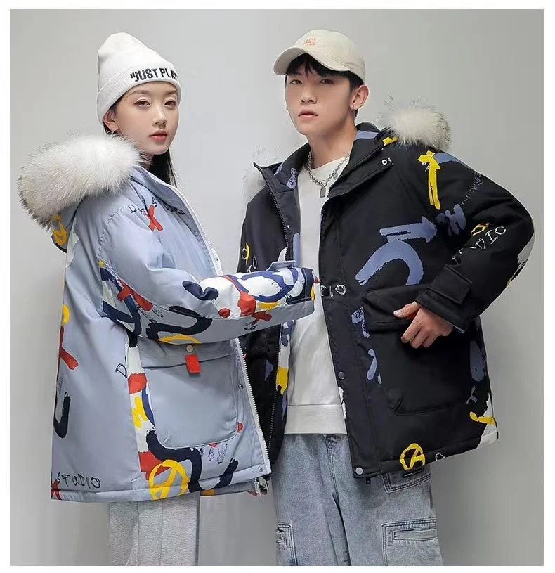 2022 Girl's Duck Down Jacket Winter Fashion Graffiti Print Luxury Fur Collar Hooded Puffer Jacket Couples New Thicken Warm Coats