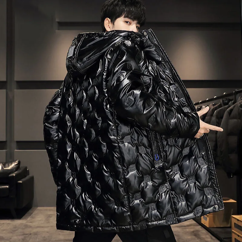 Authentic medium length white eiderdown warm down jacket men's bright face down jacket men's new winter hooded coat