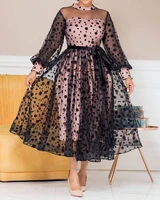 large size women polka dot maxi dress perspective mesh stitching temperament a line dress women see through o neck party dress