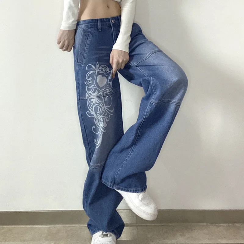 

Aesthetic Grunge Print Cargo Pants Y2K Low Waist Denim Pants Vintage Blue Jeans Women Sweatpants Chic Baggy Trousers Streetwear