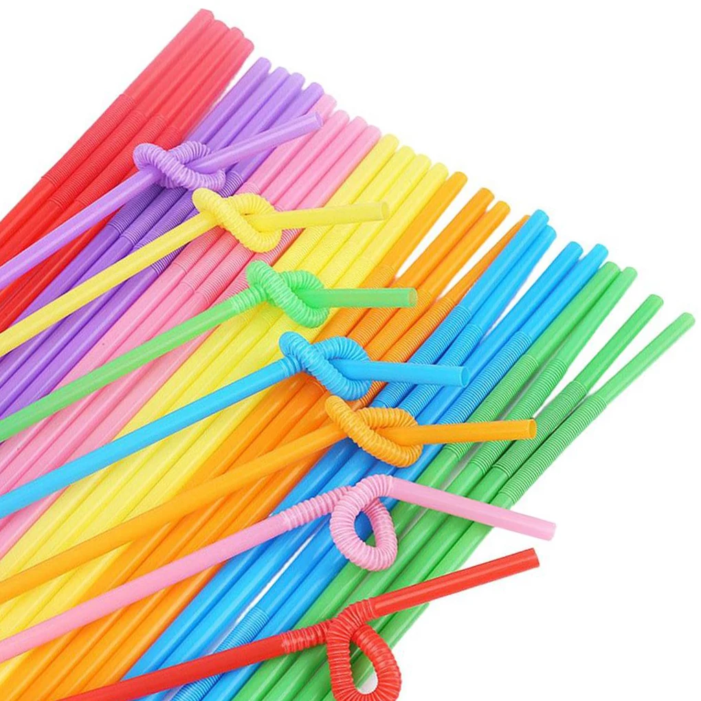 

Набор из 100 трубочек для напитков, одноразовые прямые пластиковые трубочки для напитков, изогнутые разноцветные вечерние чные аксессуары д...