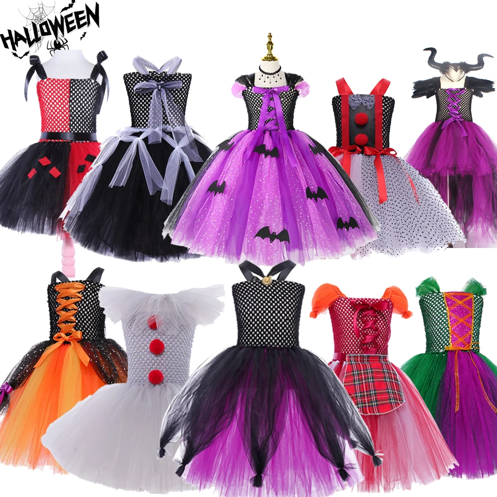 

Костюм на Хэллоуин для девочки, блестящая ведьма летучая мышь, фиолетовая длинная юбка, платье-пачка для детей, Карнавальная одежда для косплея с метлой, шапка