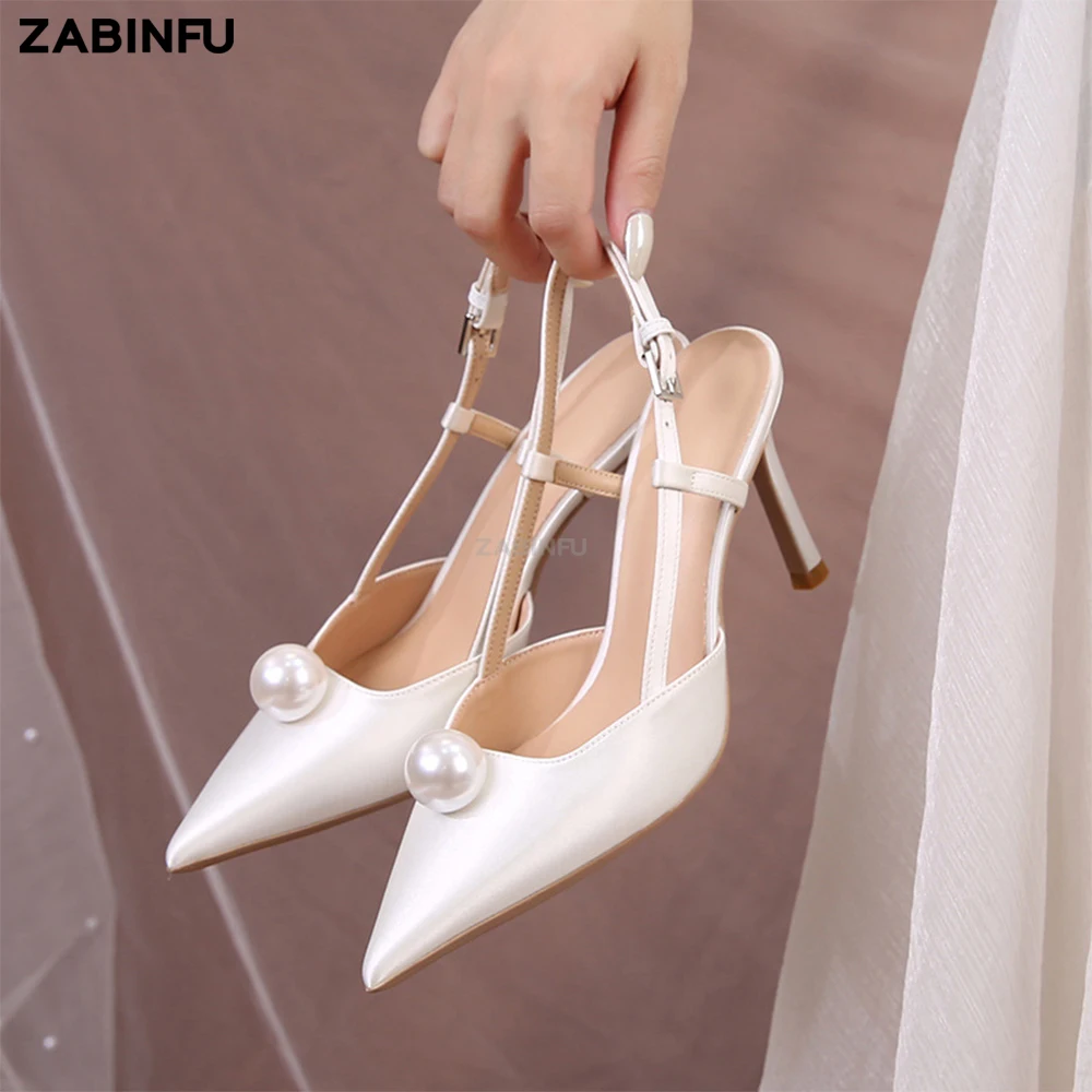 Big Pearl Women Heels 2023 Luxury Pearl Satin Pointed Toe Slingback Heeled Sandals Elegant White Wedding Shoes Bride Heels Shoes