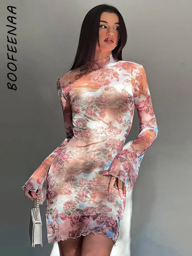 

BOOFEENAA сетчатые Короткие Платья с цветочным принтом, винтажное сексуальное облегающее мини-платье с длинным рукавом