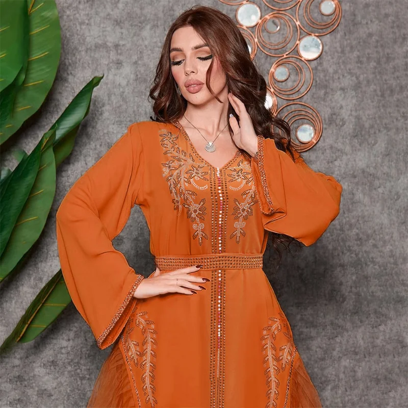 Summer Elegant Muslim Women Long Sleeve V-neck Polyester Orange Long Abaya Muslim Fashion Dresses Maxi Dress Abaya Dress