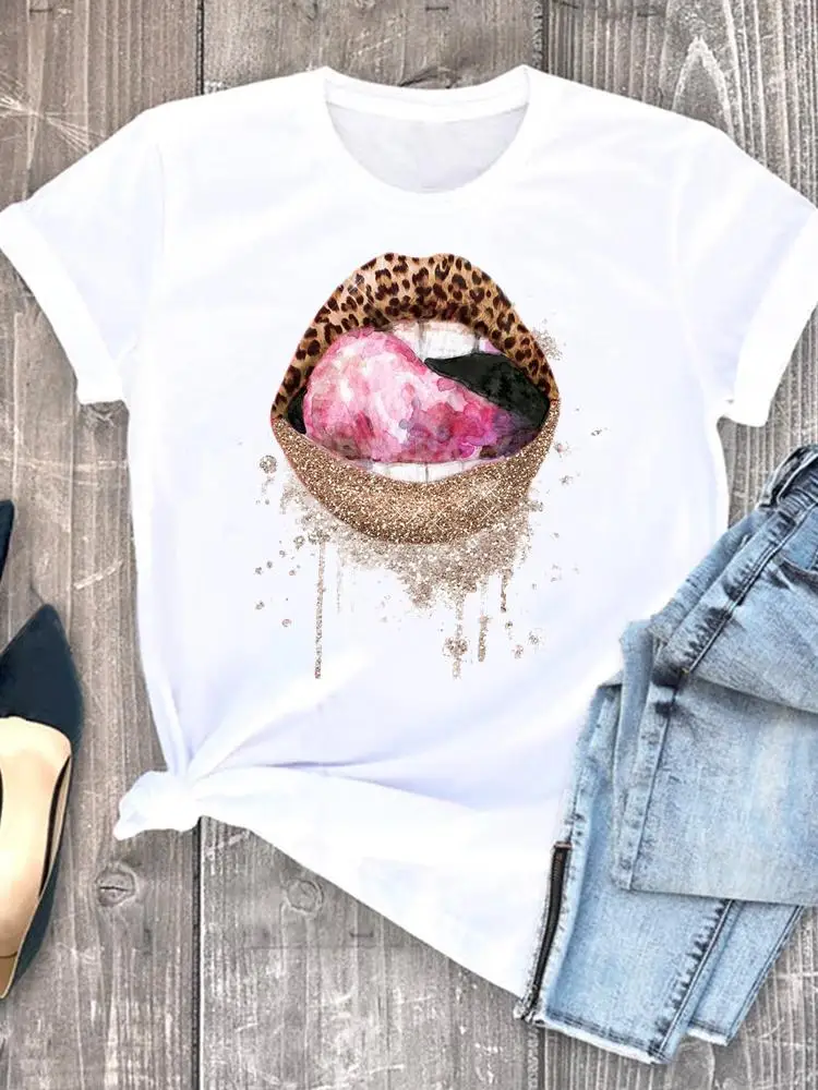 

leopard lip funny cute Summer Clothing Fashion Women Tee T-shirts Casual Short Sleeve Regular Female Graphic T Shirt Clothes