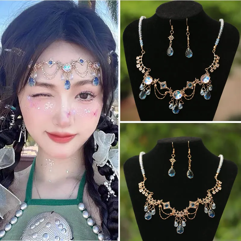 

Luxury Rhinestone Fringed Forehead Chain Shiny Crystal blue color Headdress Bridal Romantic Wedding Accessories Lolita Jewelry