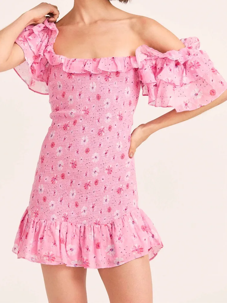 

Romantic Flying Sleeve Pink Floral Body Elastic Ruched Mini Dress Woman Spliced Wood ears Ruffles Hem Package Hips Holiday Robe