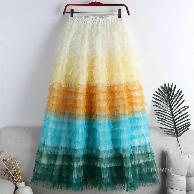 

Jupe Femme Ete 2022 Spring Party Skirt Elastic High Waist Long Tulle Skirt Women Multilayer Ruffles Pink Mesh Tutu Skirt Ladies