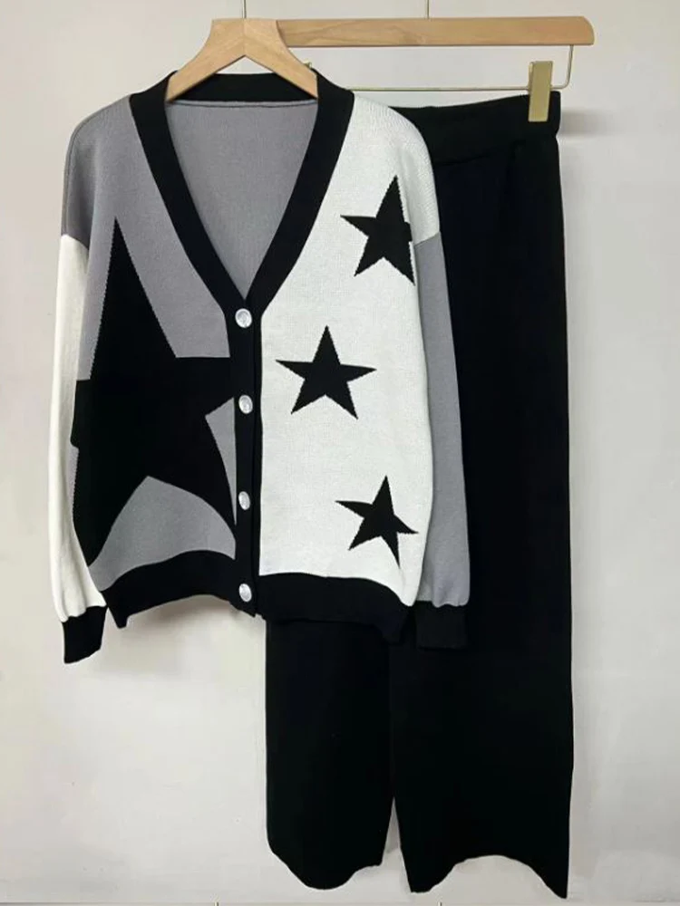 

Повседневный комплект, вязаный кардиган с контрастной звездой + широкие брюки с высокой талией, комплект из двух предметов, новинка 2023, модная женская одежда