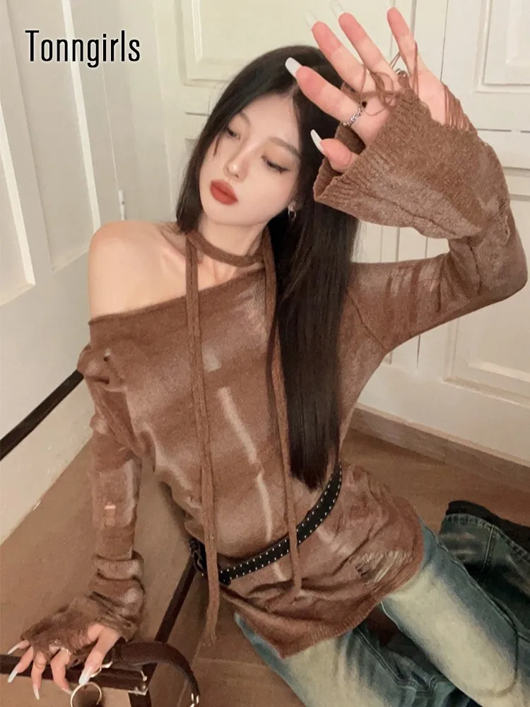 

Тонкий трикотажный свитер для девушек, женский осенний свитер в стиле ретро ленивого стиля Y2k, гранж, топы, уличная одежда, разбитый пуловер