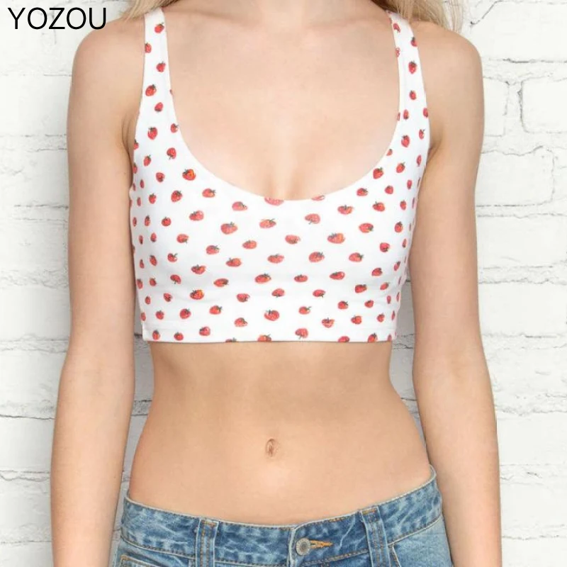 YOZOU-Camiseta sin mangas de algodón con estampado de fresas para mujer, Top corto Floral de vaca, Brandy, camiseta de chica dulce, corsé ajustado Vintage 2022