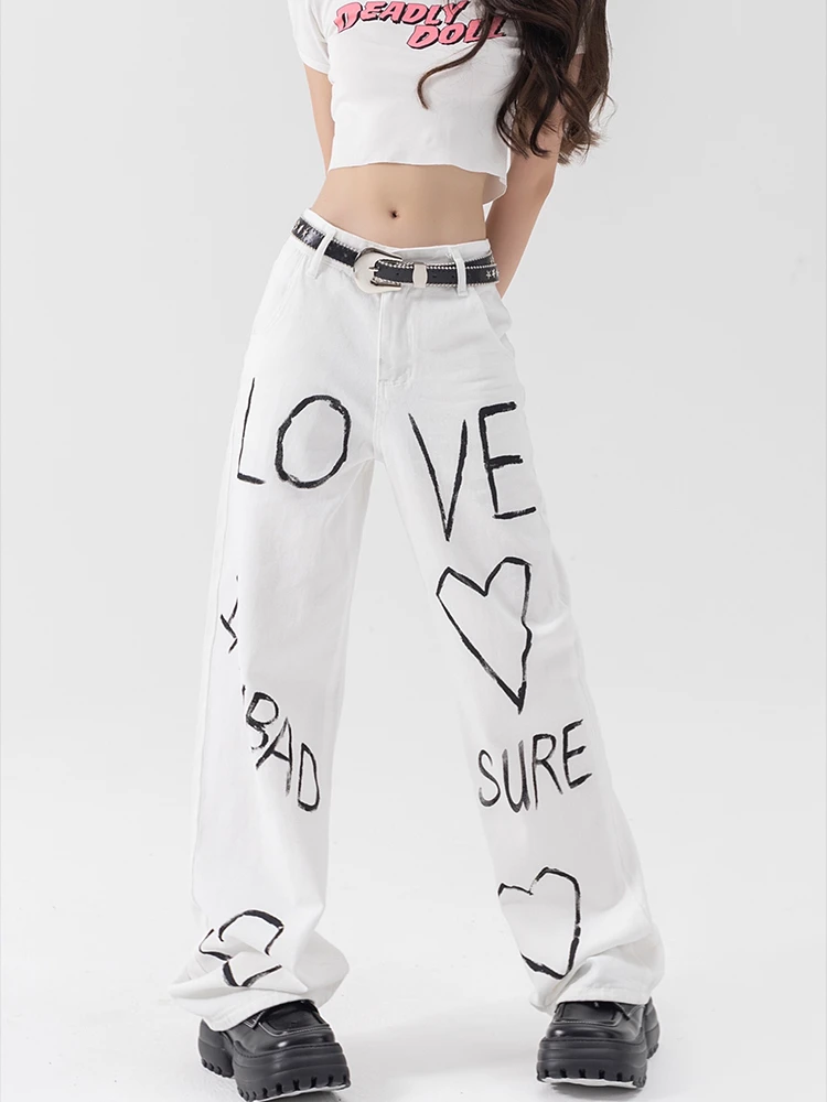 LOVE Graffiti Wide Leg White Jeans Women Summer Thin American High Waist Letter Print Straight Pants Loose Denim Trousers Female