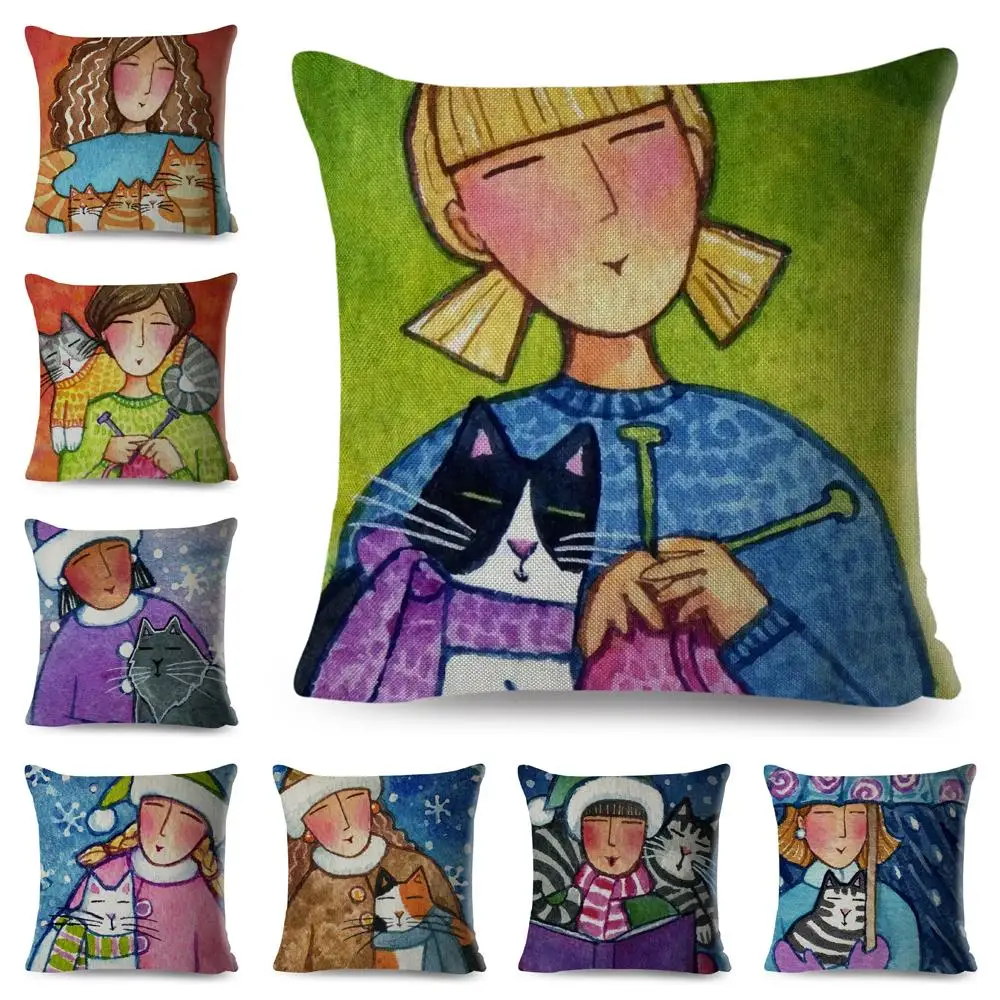 

Cat and girl Lovely Cartoon Luxury Throw Pillow Case Cushion Cover Home Living Room Decorative Pillows For Sofa Bed Car 45*45