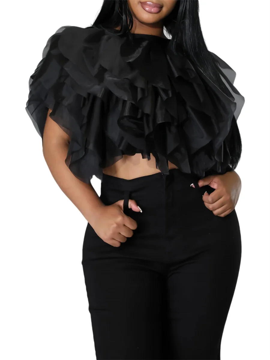 

Женский укороченный топ с многослойными оборками и лепестками, однотонный шифоновый Повседневный короткий топ без рукавов с круглым вырез...