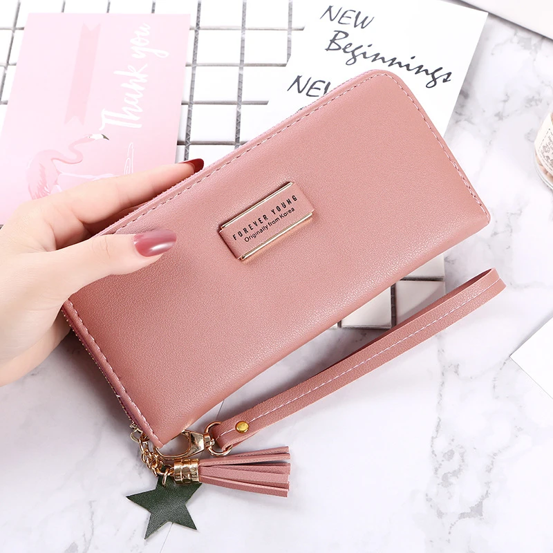

Wallet Women Long Zipper Leather Solid Color Female Letter Tassel Coin Purses Card Holder Clutch Bag For Phone Money Pocket Clip