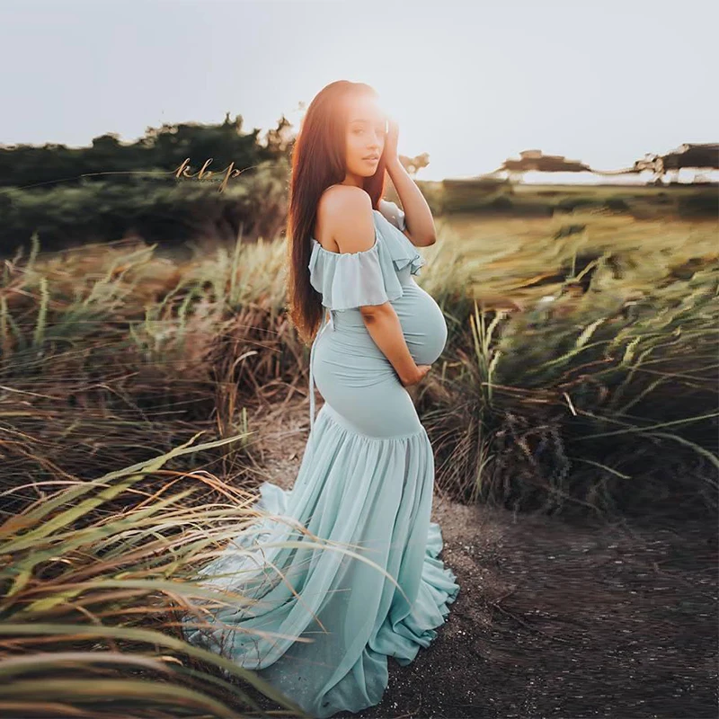 Photography Props Off Shoulder Maxi Maternity Mermaid Maternity Dresses For Photo Shoot Pregnant Women Ruffles Pregnancy Dress