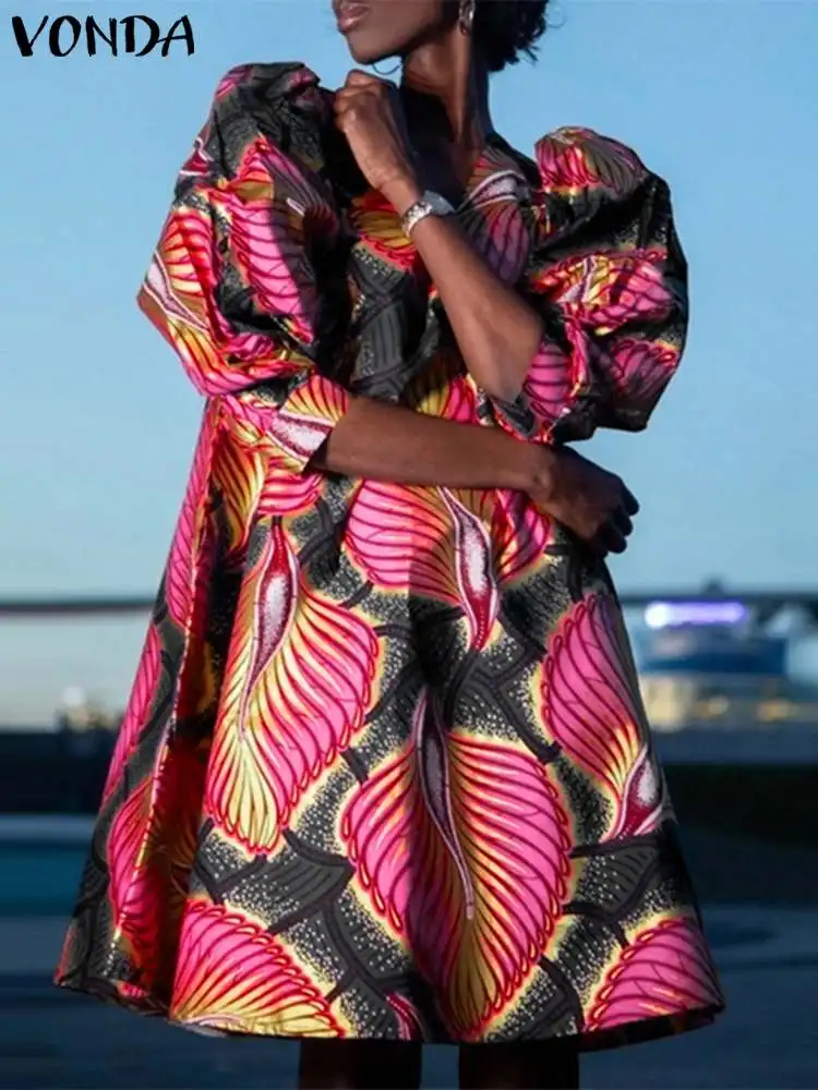 

Женское платье 2023 VONDA, сексуальный офисный элегантный сарафан до колена, летнее платье с буффами на рукавах, винтажное богемное Платье с принтом