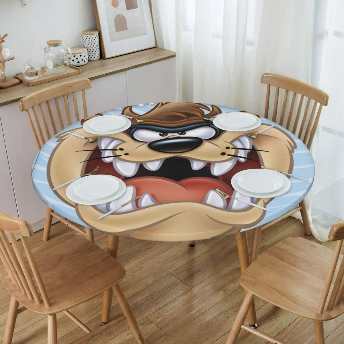 

Cartoon Tasmanian Devil Smile Tablecloth Round Elastic Fitted Oilproof Taz Anime Comic Table Cloth Cover for Party
