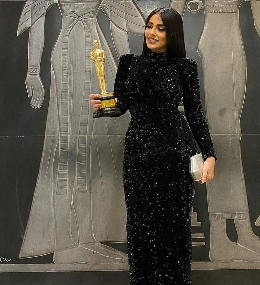 

Luxury Back Glitter Evening Party Dresses High Neck Sparkly Long Sleeves Ankle-Length Prom Dubai Celebrity Gowns Robe De Soiree