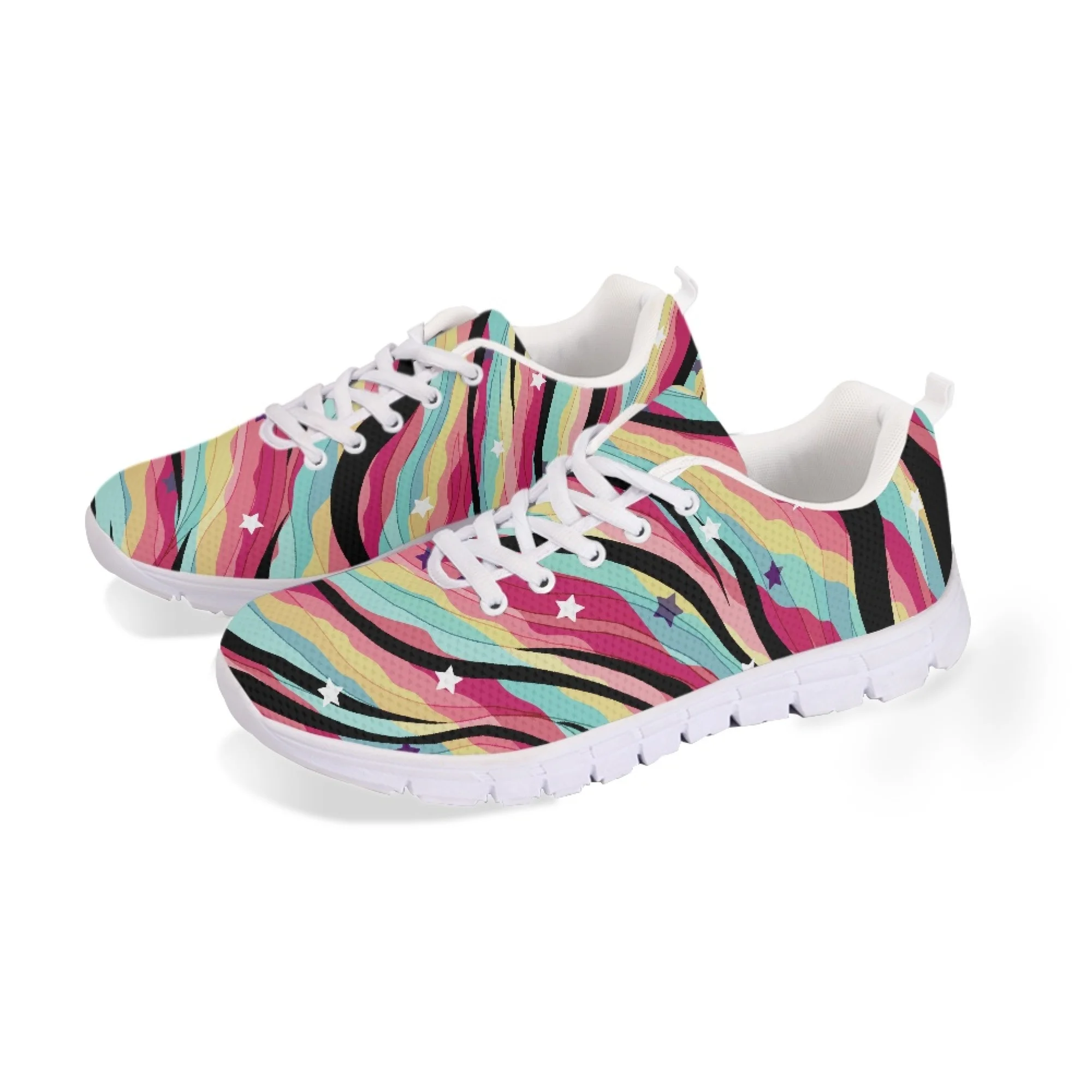Yikeluo Abstract Stripe Pattern Design Ladies Casual Sneakers Comfort Girls Lace up Flat Shoes for Women Footwear Walking Shoes
