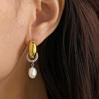 aradoo titanium steel 18k gold plated light luxury french retro style c shaped pearl pendant diamond earrings