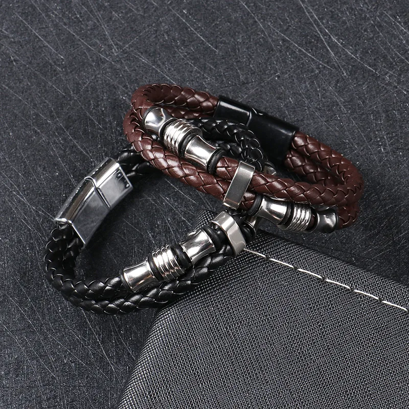 

2 Layers Leather Braided Cuff Metal Accessory Decal Men Magnetic Clasp Bracelet Jewelry For Gift