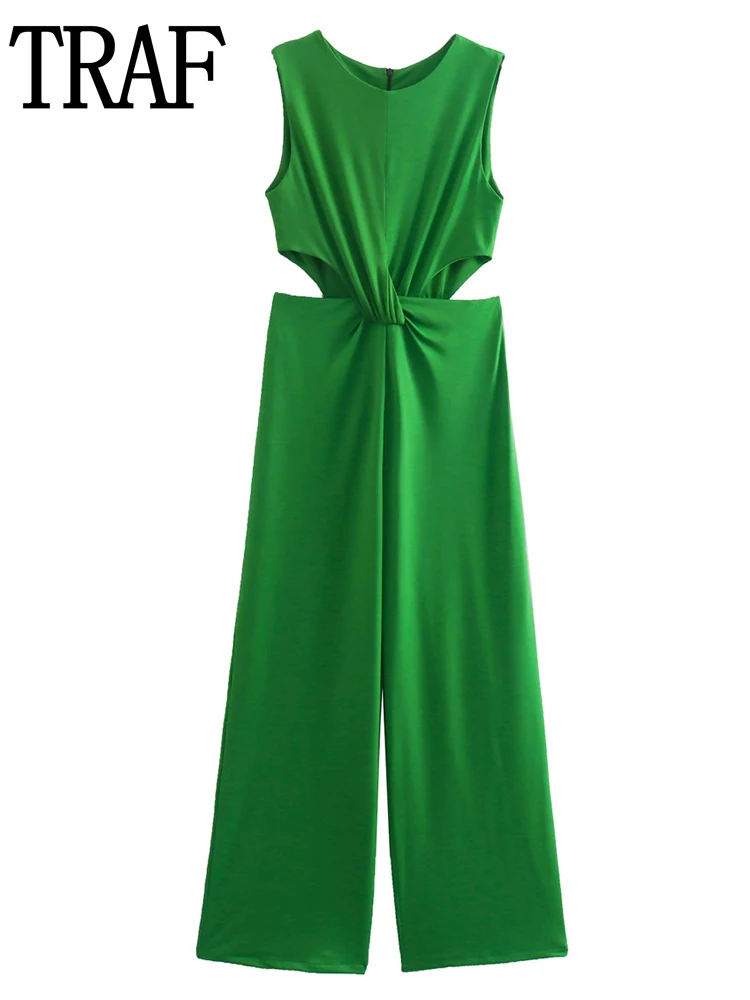 

TRAF 2022 Green Jumpsuit Women Summer Sleeveless Wide Leg Jumpsuits Woman Fashion Ruched Holiday Cut Out Female Jumpsuit