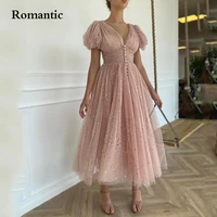romantic pink tulle evenig dress with golden stars v neck puff sleeves short prom gowns tea lengh for special occasion vestido