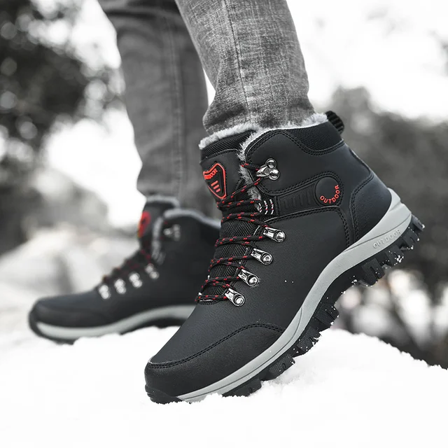 Winter Men Boots With Fur Warm Snow Non-slip Men Work Casual Shoes Waterproof Leather Sneakers High Top Ankle Boots Plus Size 2